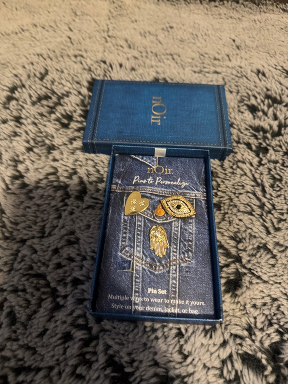 nOir Jewelry Gold Heart, Eye & Hamsa Pin Trio with Gold Accent
